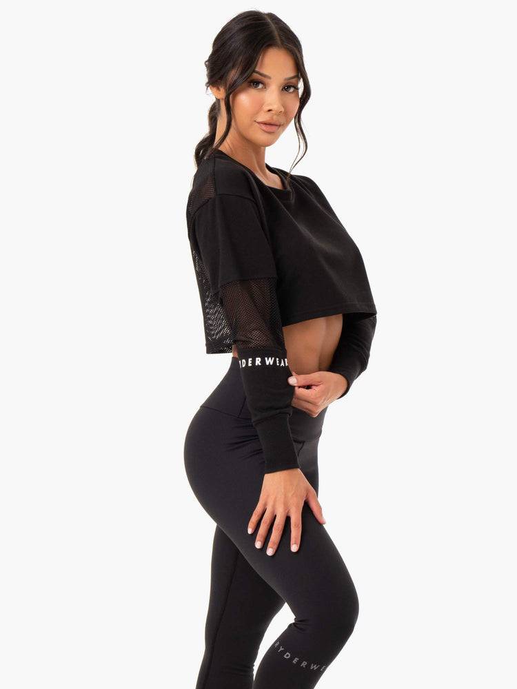 Women's Ryderwear Women Sweaters Amazon Mesh Cropped Sweaters Black | NZ2597GL