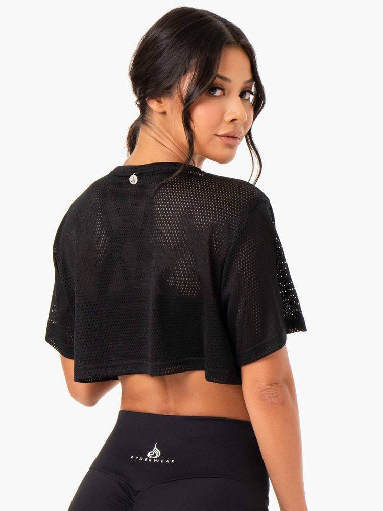 Women's Ryderwear Women T Shirts Amazon Mesh Cropped Tee T Shirts Black | NZ2695GL