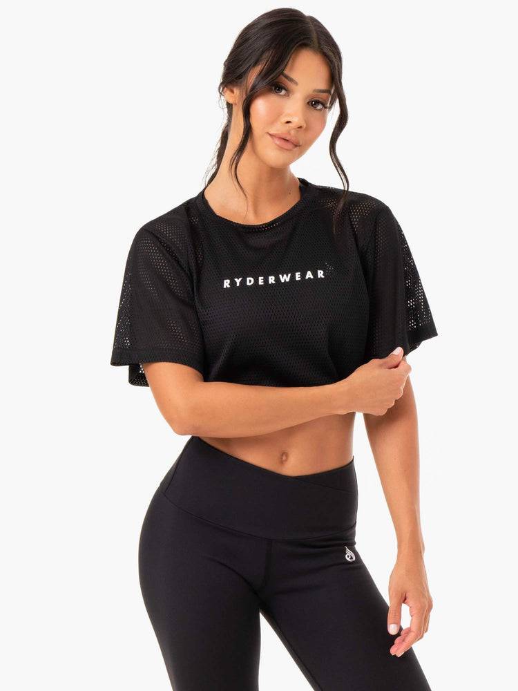 Women's Ryderwear Women T Shirts Amazon Mesh Cropped Tee T Shirts Black | NZ2695GL