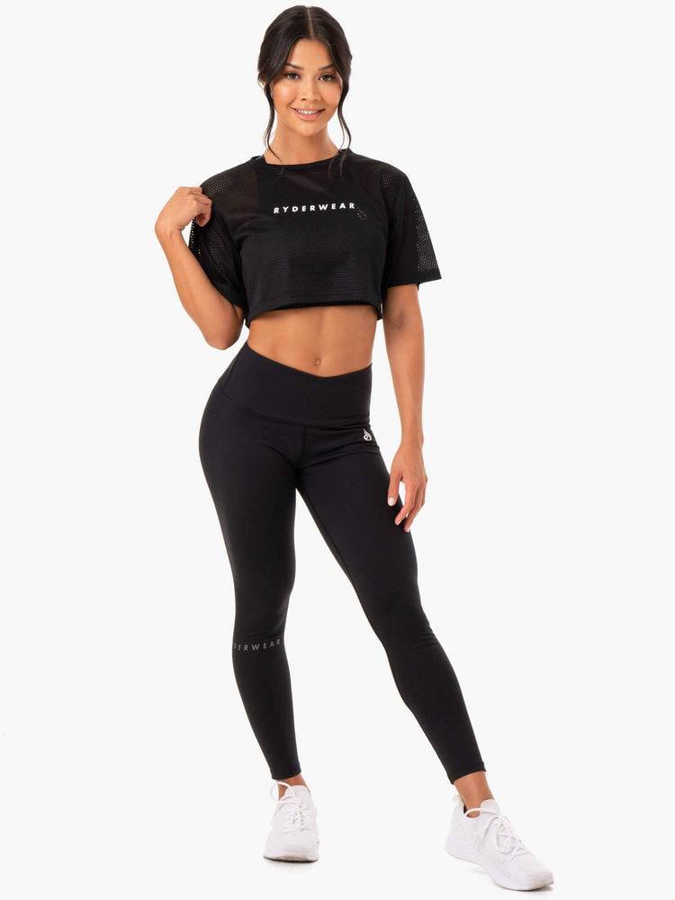 Women's Ryderwear Women T Shirts Amazon Mesh Cropped Tee T Shirts Black | NZ2695GL