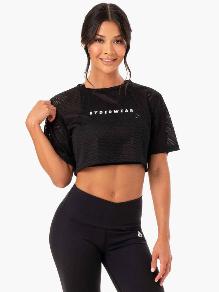 Women\'s Ryderwear Women T Shirts Amazon Mesh Cropped Tee T Shirts Black | NZ2695GL