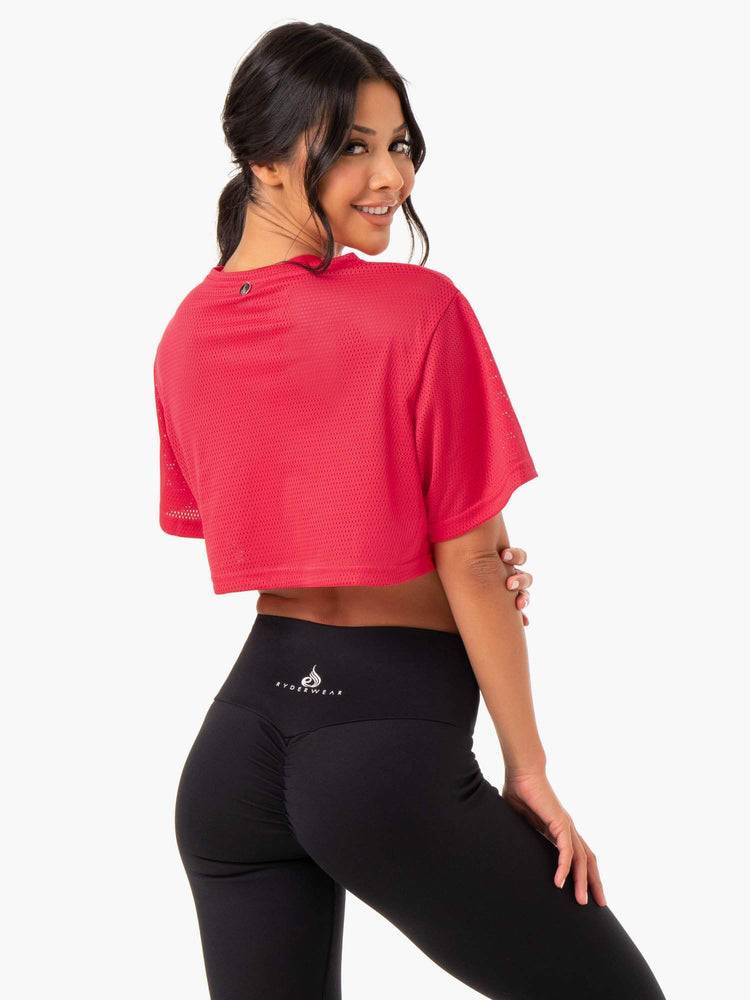 Women's Ryderwear Women T Shirts Amazon Mesh Cropped Tee T Shirts Strawberry Red | NZ2696FM