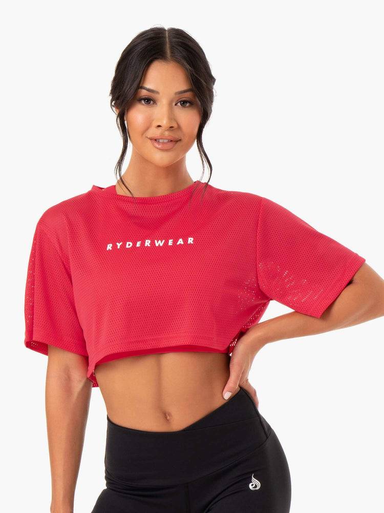 Women's Ryderwear Women T Shirts Amazon Mesh Cropped Tee T Shirts Strawberry Red | NZ2696FM