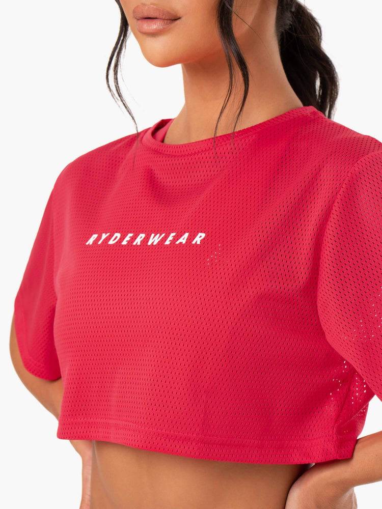 Women's Ryderwear Women T Shirts Amazon Mesh Cropped Tee T Shirts Strawberry Red | NZ2696FM