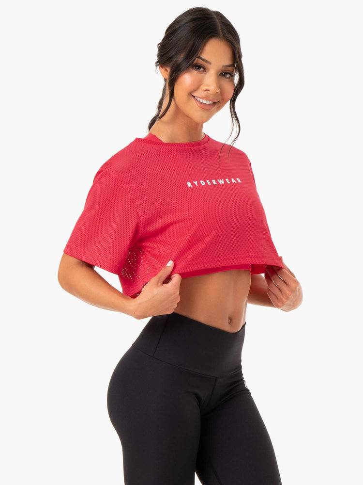 Women\'s Ryderwear Women T Shirts Amazon Mesh Cropped Tee T Shirts Strawberry Red | NZ2696FM