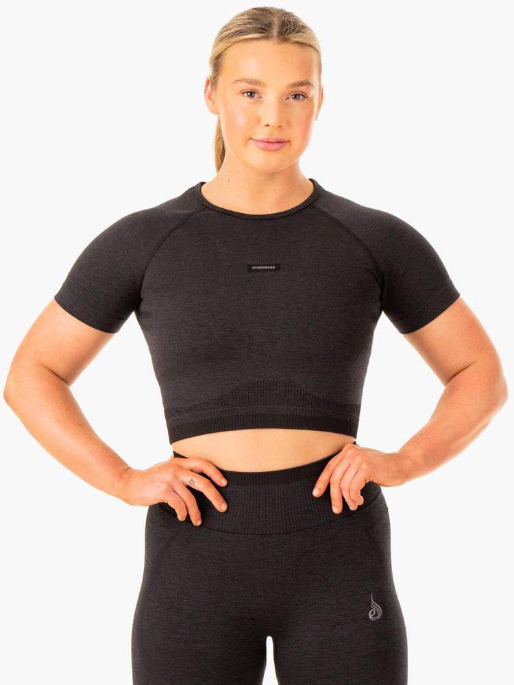 Women's Ryderwear Women T Shirts Excel Seamless T Shirts Black Marl | NZ2752WY