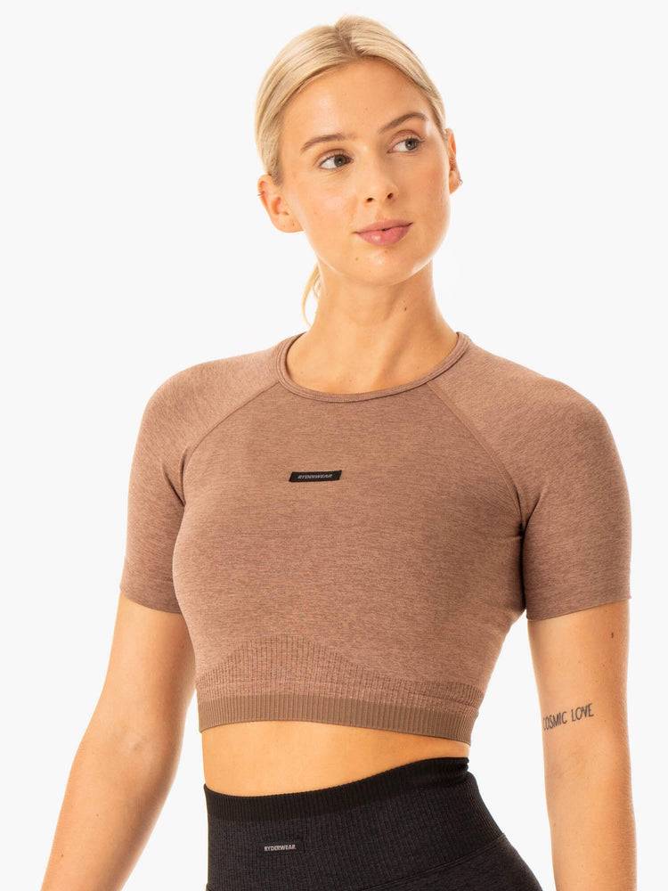 Women's Ryderwear Women T Shirts Excel Seamless T Shirts Mocha Marl | NZ2755NB