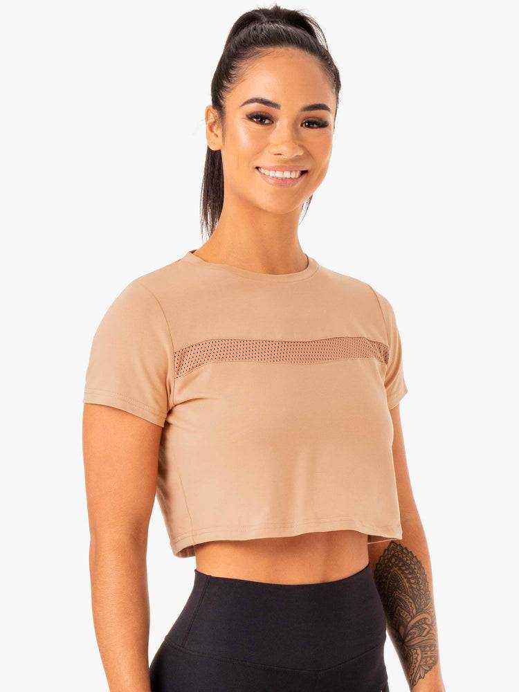 Women's Ryderwear Women T Shirts Hybrid Mesh Tee T Shirts Tan | NZ2707EX