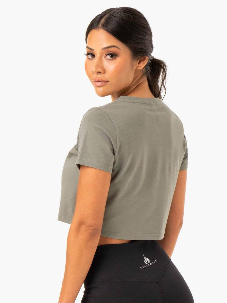 Women's Ryderwear Women T Shirts Hybrid Mesh Tee T Shirts Khaki | NZ2709QZ