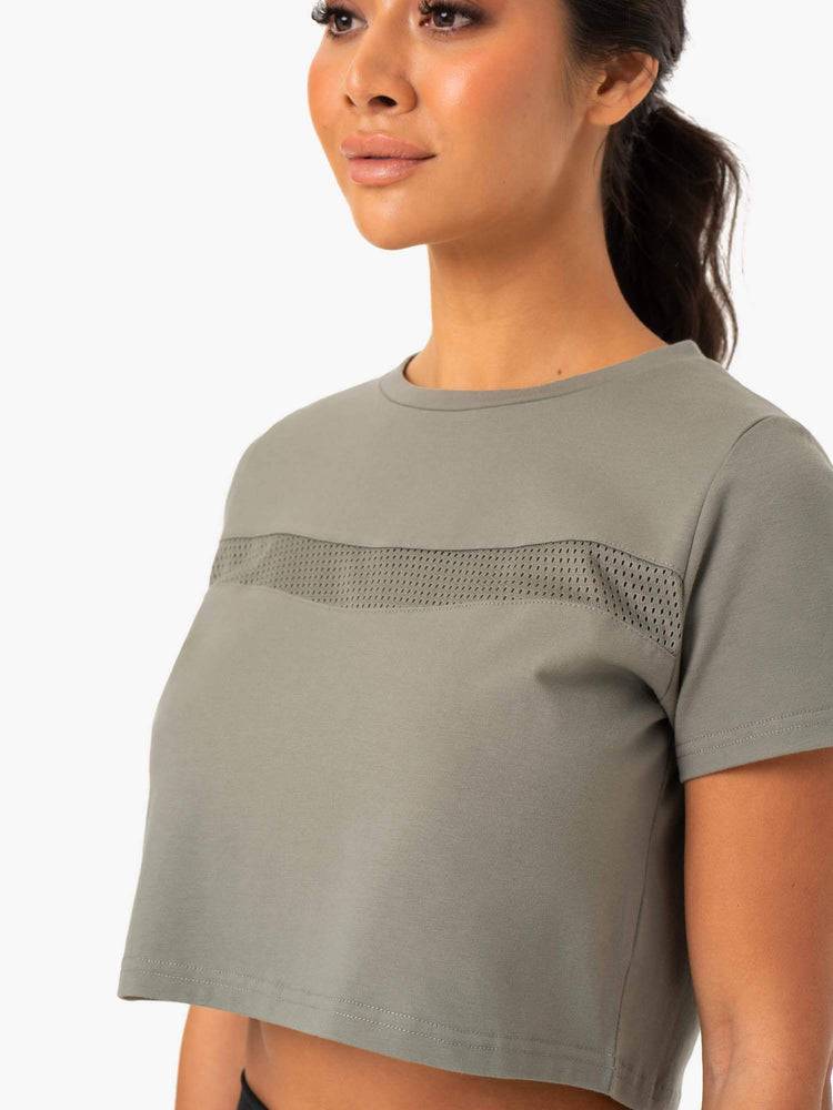 Women's Ryderwear Women T Shirts Hybrid Mesh Tee T Shirts Khaki | NZ2709QZ