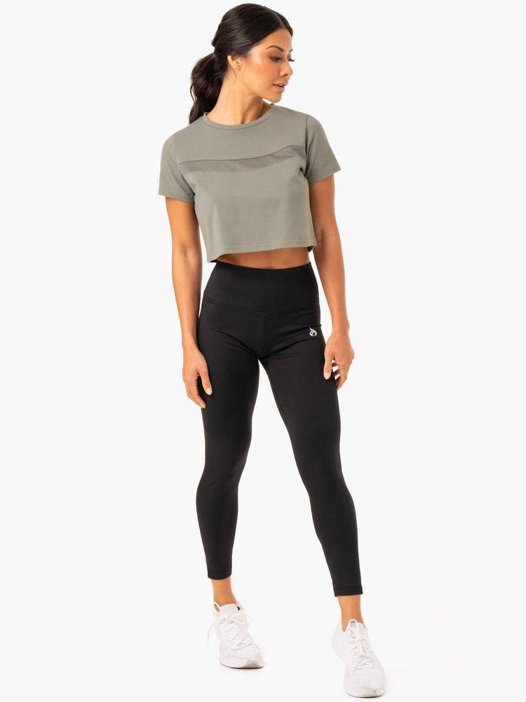 Women's Ryderwear Women T Shirts Hybrid Mesh Tee T Shirts Khaki | NZ2709QZ