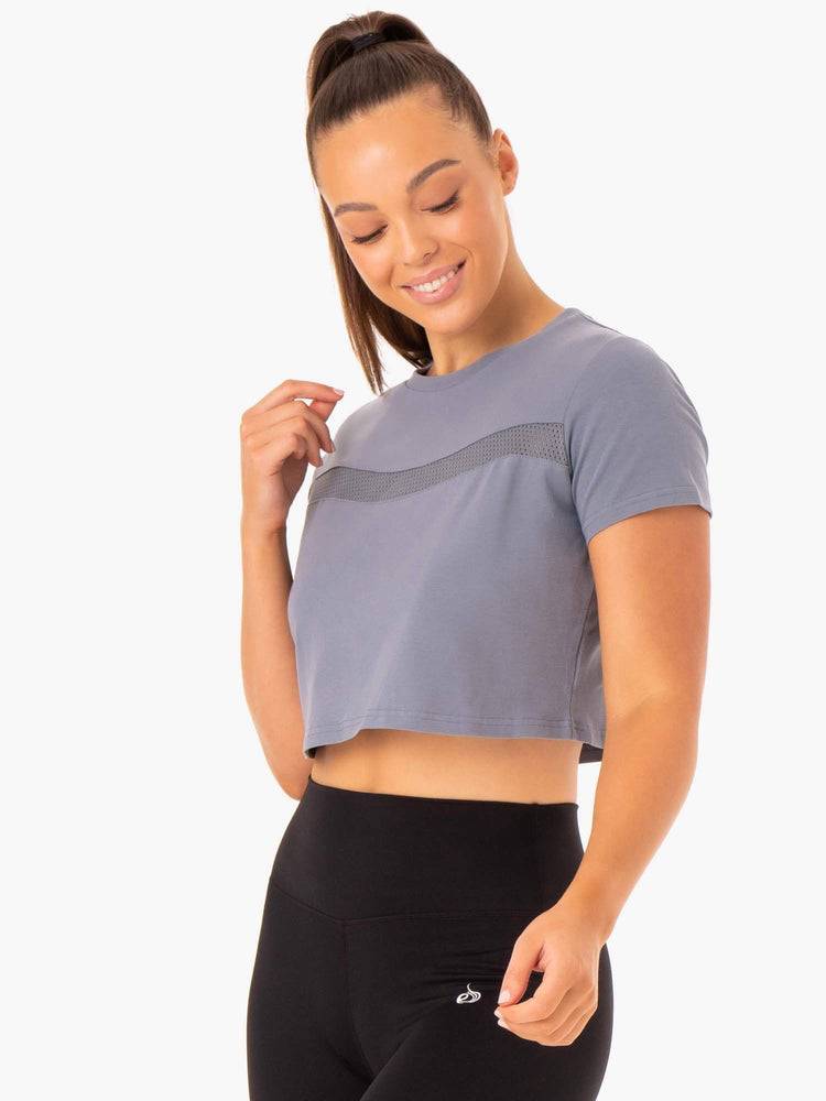 Women's Ryderwear Women T Shirts Hybrid Mesh Tee T Shirts Steel Blue | NZ2710MA