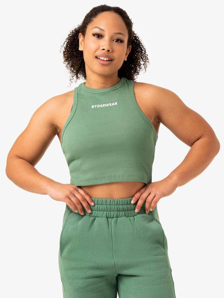 Women's Ryderwear Women Tanks Sideline Rib Crop Tanks Forest Green | NZ2819YU