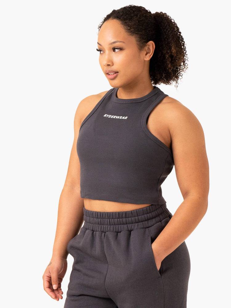 Women's Ryderwear Women Tanks Sideline Rib Crop Tanks Charcoal | NZ2840SO