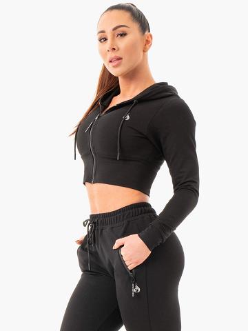 Women's Ryderwear Women Hoodie Luxe Cropped Zip Hoodie Black | NZ1666TV