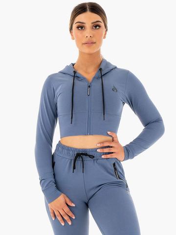 Women's Ryderwear Women Hoodie Luxe Cropped Zip Hoodie Steel Blue | NZ1677HK