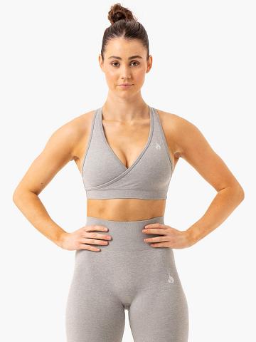 Women's Ryderwear Women Sports Bra Essential Seamless Cross Over Sports Bra Light Grey Marl | NZ2247FM