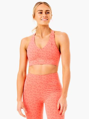 Women's Ryderwear Women Sports Bra Ultra V-Neck Sports Bra Coral Leopard | NZ2414HK