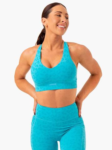 Women's Ryderwear Women Sports Bra Ultra V-Neck Sports Bra Aqua Leopard | NZ2469DN