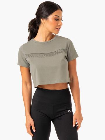 Women's Ryderwear Women T Shirts Hybrid Mesh Tee T Shirts Khaki | NZ2709QZ